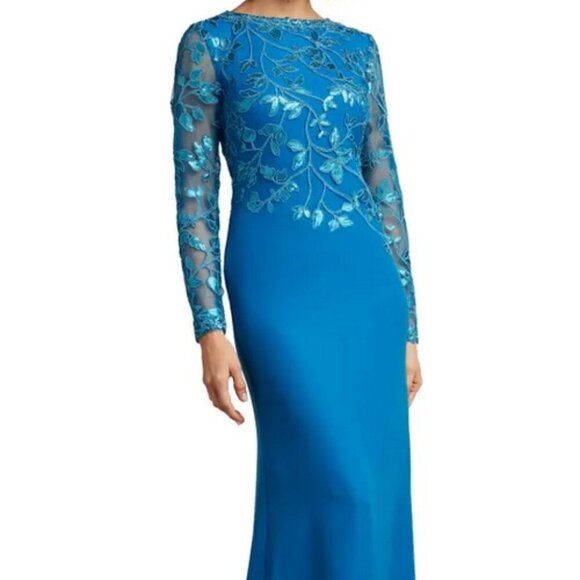 Tadashi Shoji Deep Ocean Blue Sequin Lace Long Sleeve Crepe Gown - Picture 3 of 7
